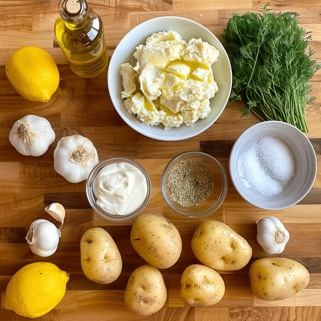 Top-down view of ingredients for smashed potato salad: potatoes, garlic bulbs, lemons, fresh dill, olive oil, salt, pepper, and creamy dressing arranged on a wooden board.