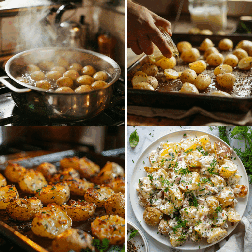 Collage of smashed potato salad preparation steps: boiling potatoes, smashing on baking sheet, roasting to crispy golden, and mixing with creamy dill dressing.