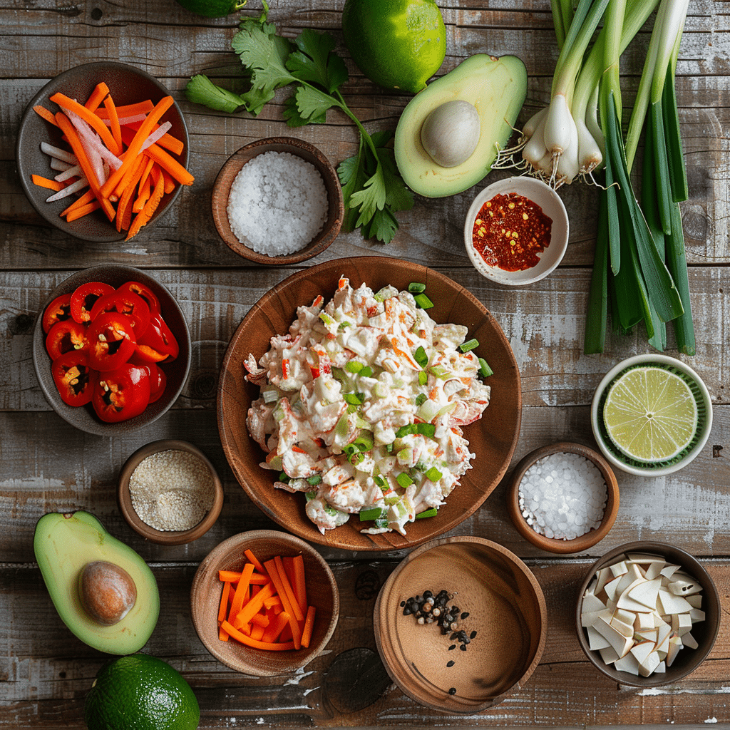 Top-down view of spicy crab salad ingredients including imitation crab, sliced carrots, red chili peppers, avocado, scallions, lime, garlic, sesame seeds, salt, and pepper on a rustic wooden background.