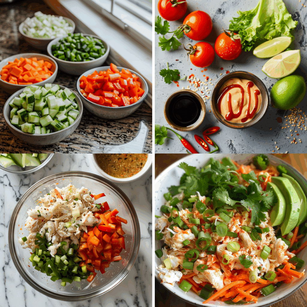 Step-by-step collage of spicy crab salad preparation including chopped vegetables, spicy dressing ingredients, mixing shredded crab with veggies, and serving in a bowl with avocado and cilantro.