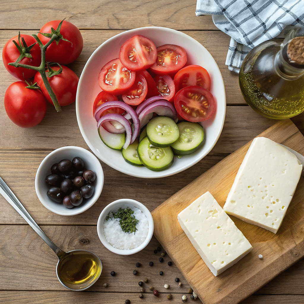 Flatlay of fresh taverna salad ingredients including tomatoes, cucumbers, red onions, feta cheese, black olives, herbs, and olive oil on a wooden table