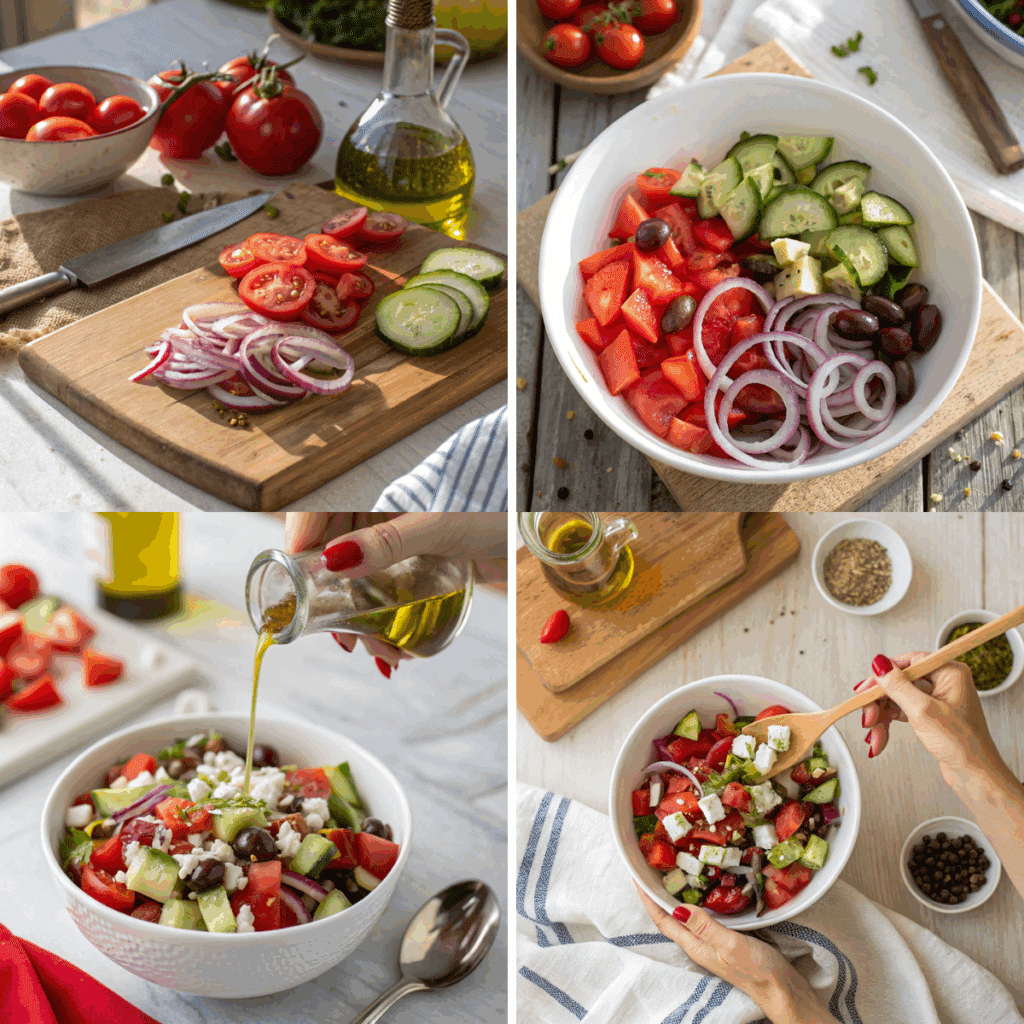 Step-by-step preparation of taverna salad showing slicing vegetables, mixing ingredients in a bowl, pouring olive oil, and tossing the salad by hand