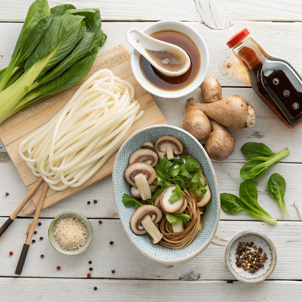 Top view of vegetarian udon noodle soup ingredients including fresh udon noodles, mushrooms, bok choy, soy sauce, and broth