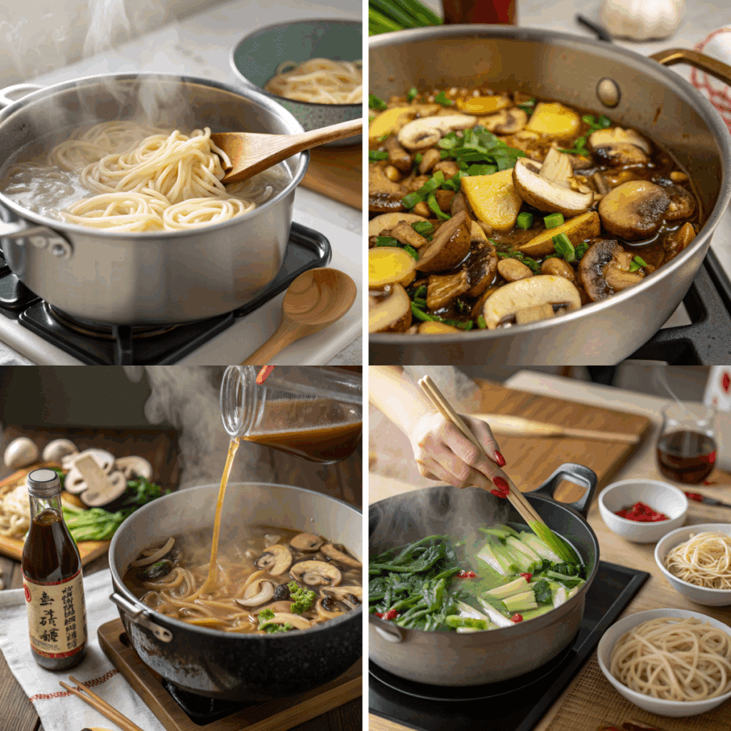 Collage of vegetarian udon noodle soup preparation steps including boiling noodles, sautéing mushrooms, adding broth, and cooking bok choy