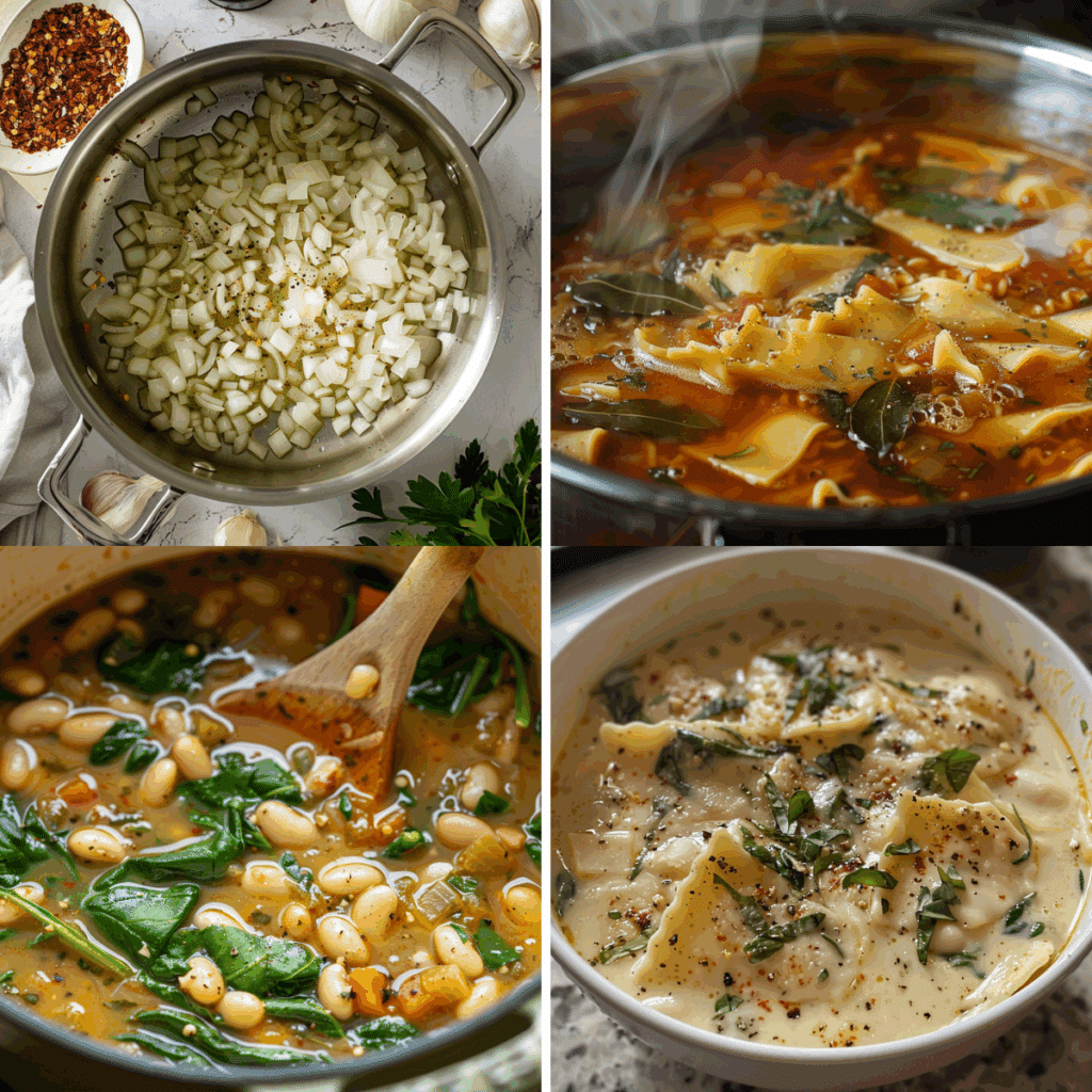 Step-by-step collage showing how to make white lasagna soup: sautéing onions, simmering noodles and bay leaves, adding beans and spinach, and the final creamy soup in a bowl.