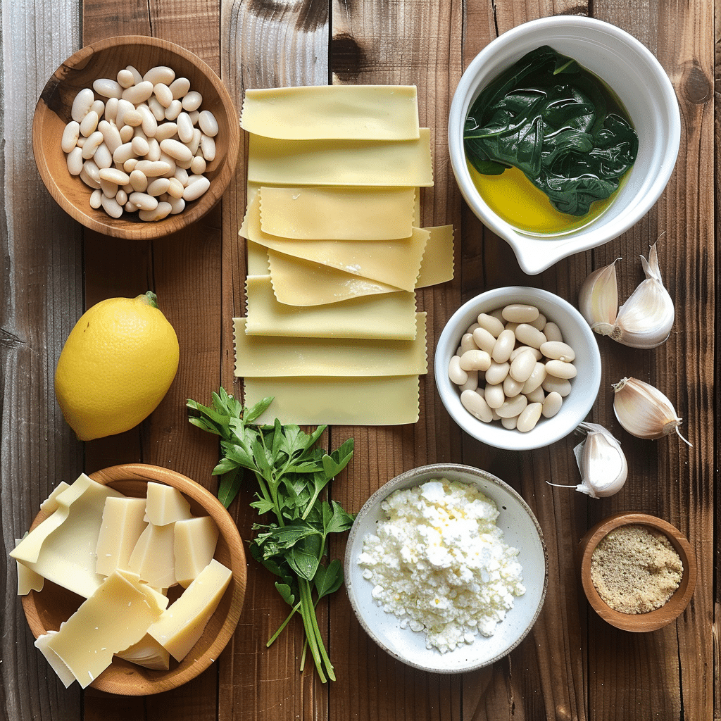 Flat lay of white lasagna soup ingredients: lasagna noodles, white beans, spinach, ricotta cheese, garlic, lemon, herbs, olive oil, and seasonings arranged on a rustic wooden table.