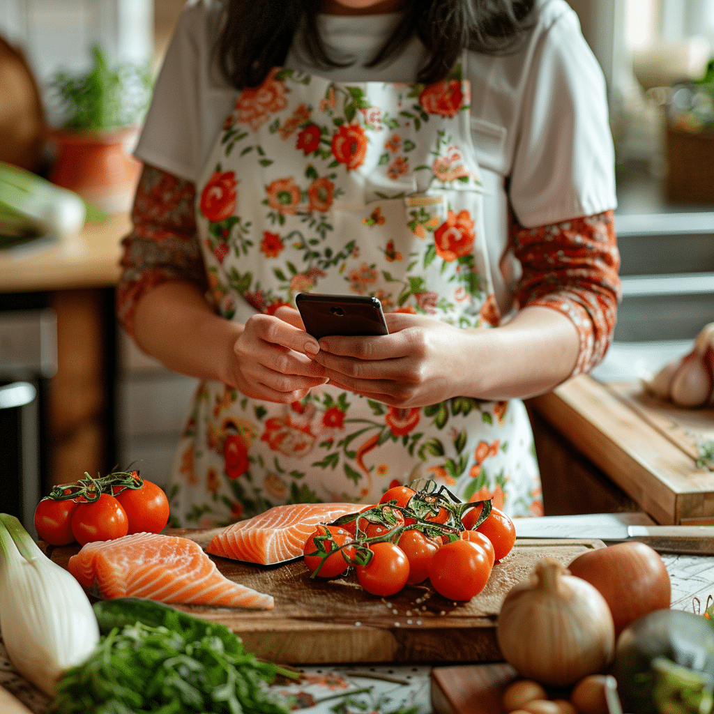 Hands of a 38-year-old woman chef texting on smartphone in kitchen with salmon, tomatoes, and fresh vegetables on cutting board